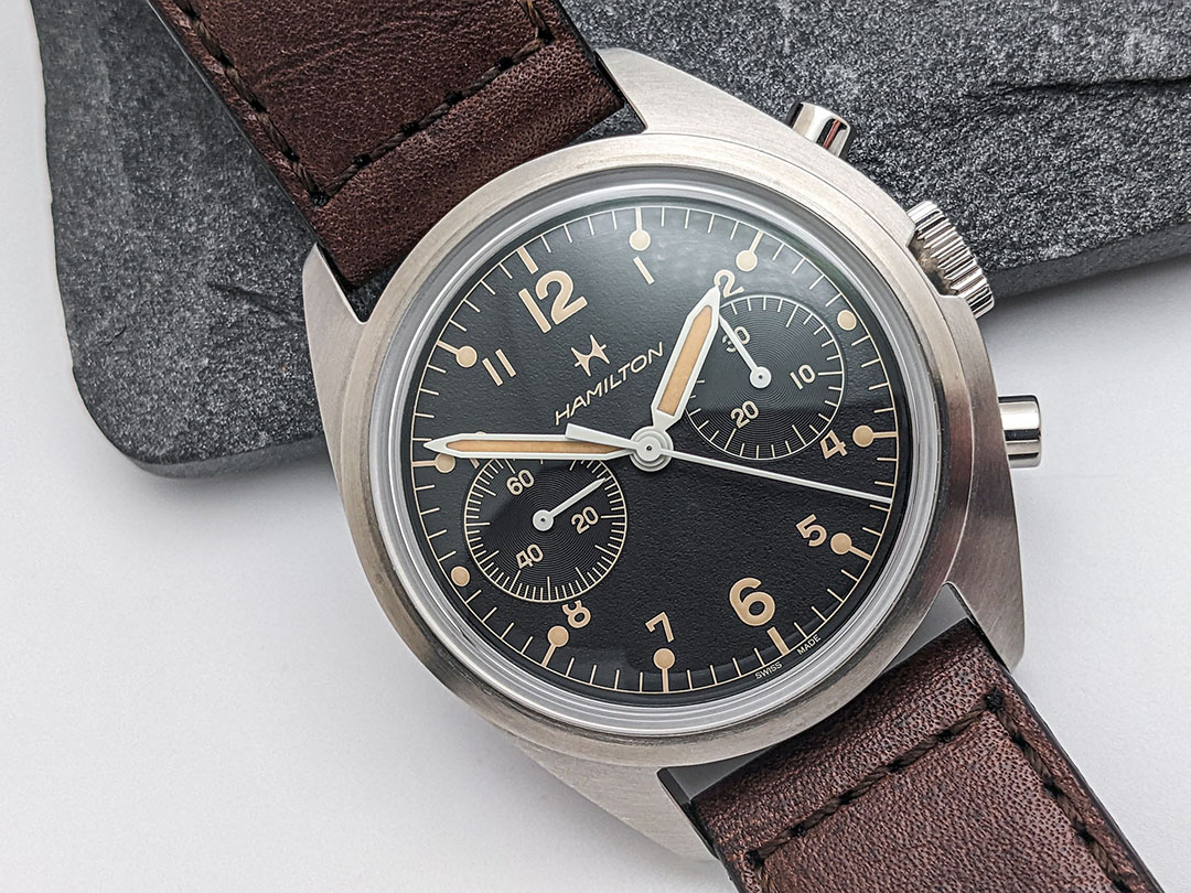汉密尔顿卡其飞行员先锋机械计时码表-老式军用风格手表